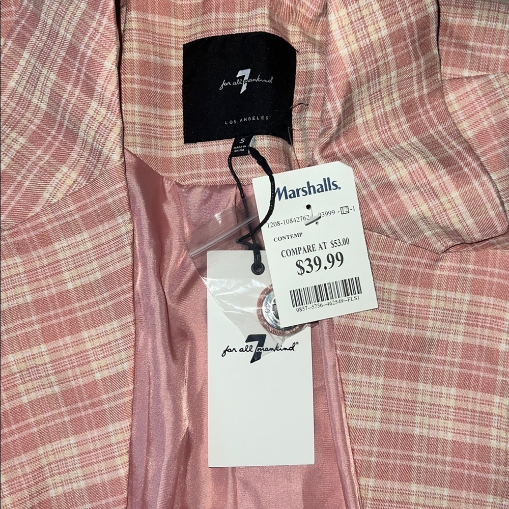 NWT 7 For All Mankind Pink Checkered Cropped Blazer Small - Picture 3 of 6